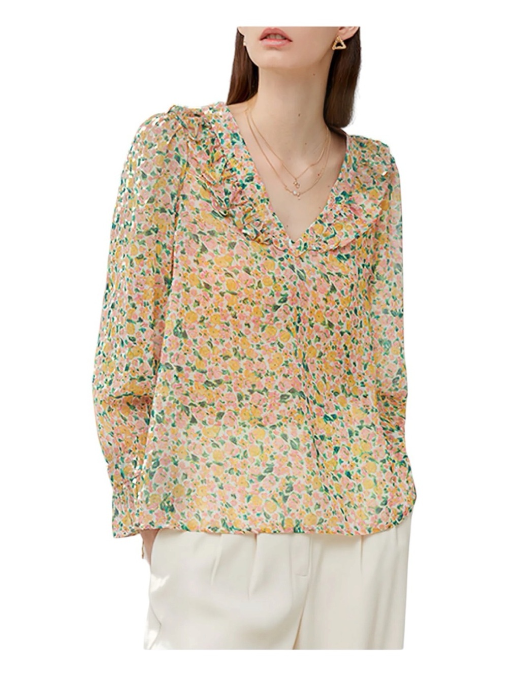 French Connection Aleezia Hallie Crinkle Ruffle V-Neck Blouse Size Medium